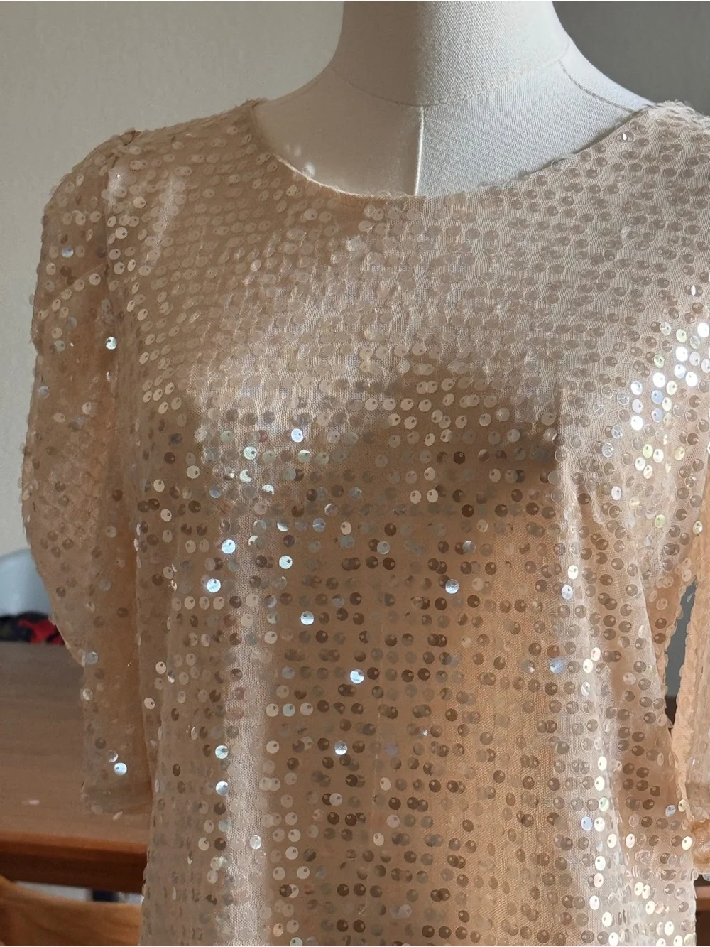 Zara Sequin Mesh Top Women’s Large L Champagne Nude Puff Sleeve Party Evening
